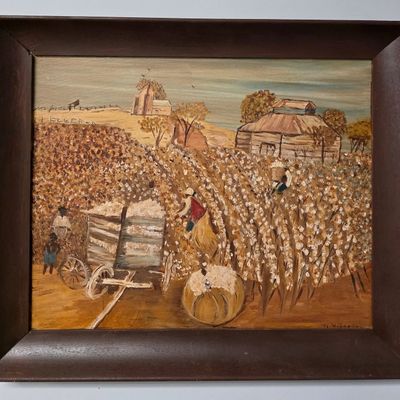 Sale Photo Thumbnail #268: Early DeVan Roberts Folk Art Painting Black Americana Cotton Picking Painting