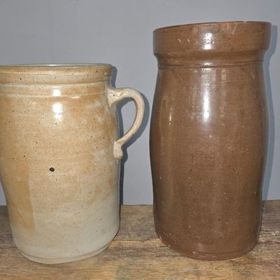 Sale Photo Thumbnail #127: Southern Stoneware Churn & Lap Churn Lot of 2