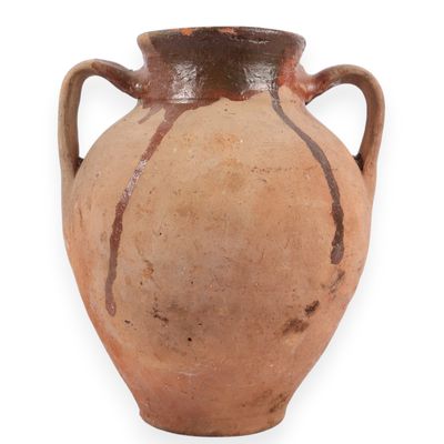 Antique French Terracotta Two Handled Drip Glazed Storage Jar