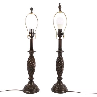 A Pair of Twisted Flute Bronze Tone Table Lamp Bases