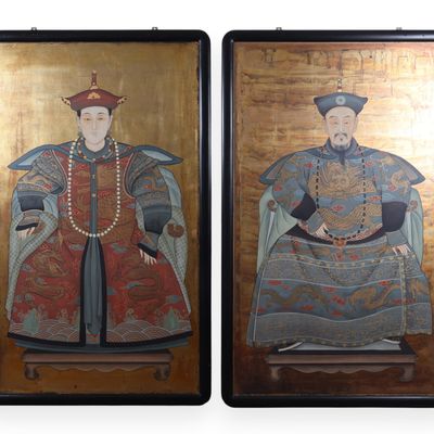 A Pair of Chinese Republic Era Ancestor Portraits on Gold Ground Wood Panels