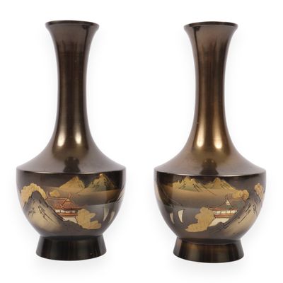 A Pair of Japanese Mixed Metal Chokin Vases with Landscape Decoration