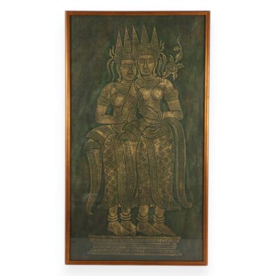 Large Gilded Khmer Style Cast Relief Plaque Depicting Two Apsaras