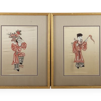 A Pair of Chinese Gilded Framed Silk Embroideries of Immortals