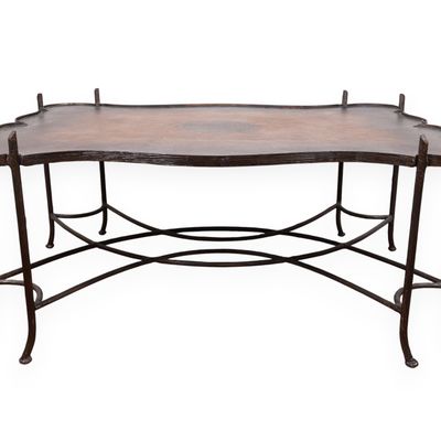 Maitland Smith Faux Bois Gilded Iron Coffee Table with Tooled Leather Top