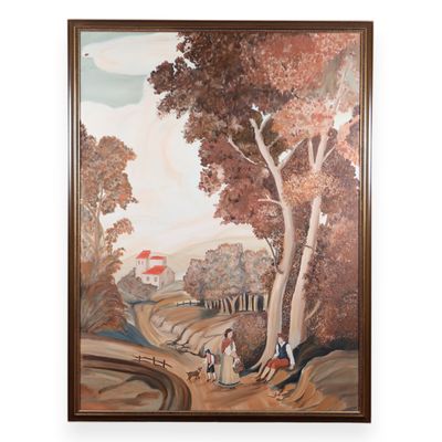 Large Pastoral Landscape with Figures, Folk Art Style Oil on Canvas