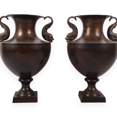 A Pair of Neoclassical Style Brass Urns with Dolphin Handles