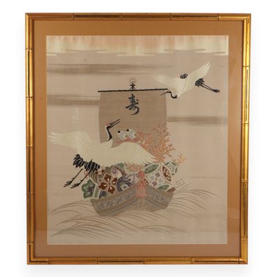 Large Framed Japanese Silk Embroidery of a Takarabune and Cranes