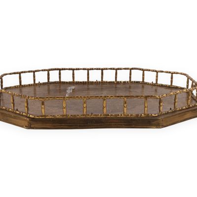 Hollywood Regency Brass Faux Bamboo Octagonal Gallery Tray