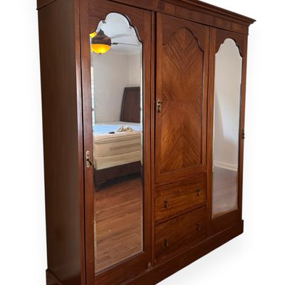 Neoclassical Style Inlaid Mahogany Three Door Wardrobe with Beveled Mirrors
