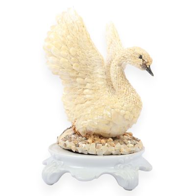 Shell Art Coquillage Swan Figurine Signed Lille on Porcelain Stand