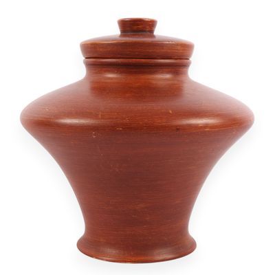 Chinese Decorative Lidded Ceramic Jar with Reddish Brown Distressed Finish