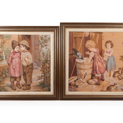 A Pair of Framed Machine Woven French Genre Scene Tapestries Depicting Children