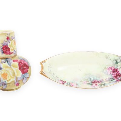 Two Hand Painted Floral Porcelain Items Including a Nippon Tumble-Up Set and a Hutschenreuther Bavaria Oval Dish