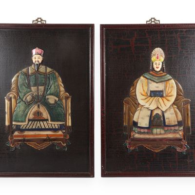 A Pair of Chinese Relief Panels depicting 'Seated Ancestors'