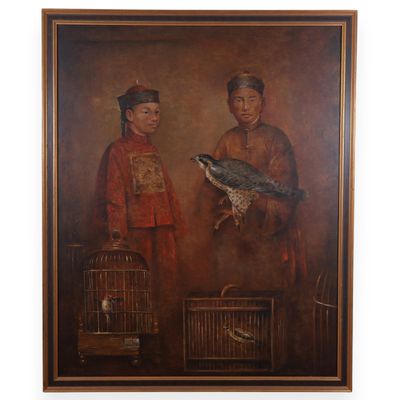 H. H. Means Large Oil on Canvas Chinese Portrait with Falcon and Birdcages 1980