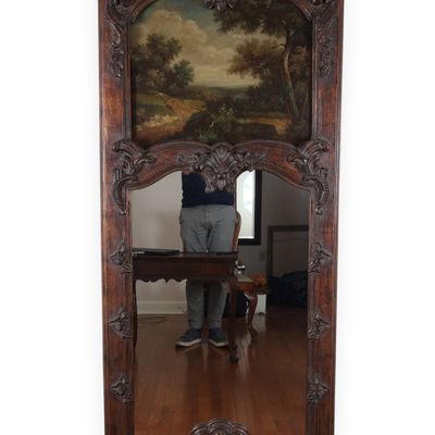Large Rococo Style Carved Wood Trumeau Mirror with Inset Landscape Painting