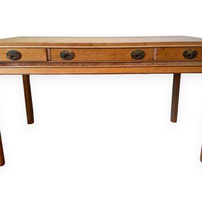 Knotty Pine Chinese Style Four Drawer Writing Desk with Parquetry Top