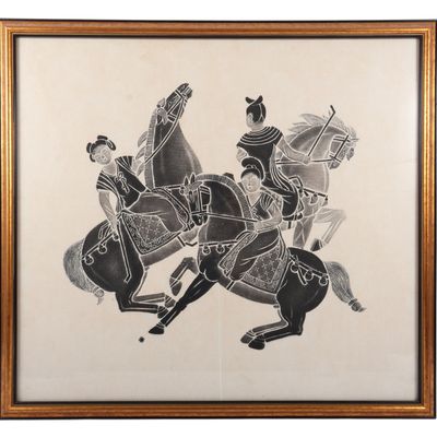 20th Century Chinese Stone Rubbing of Polo Players