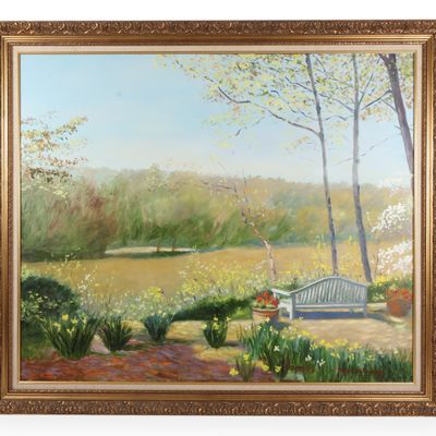 Tony Santacruz, Impressionist Garden Landscape with Bench, Oil on Canvas