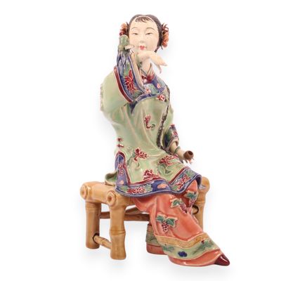 Chinese Shiwan Polychrome Ceramic Figurine of a Seated Lady by Guo Lin