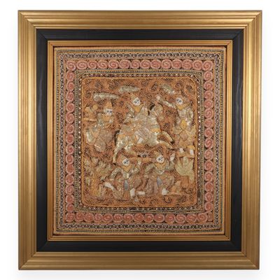 Framed Burmese Kalaga Shwe Chi Doe Narrative Tapestry