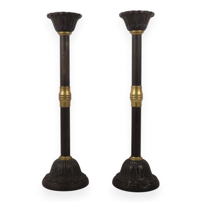 A Pair of Large Late 19th Century Patinated Iron and Turned Brass Candlesticks