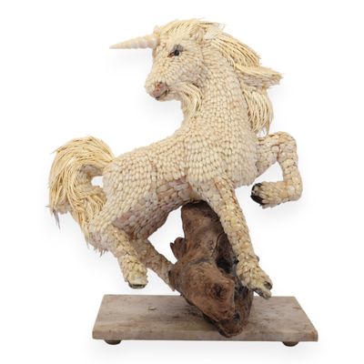 Chilean Shell Art Unicorn Figure on Driftwood and Marble Base