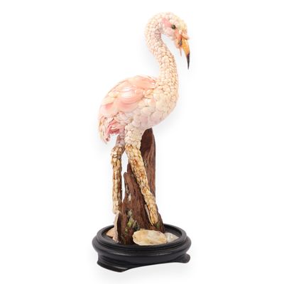 G. Miller Signed Folk Art Shellwork Flamingo Figurine on Driftwood Base