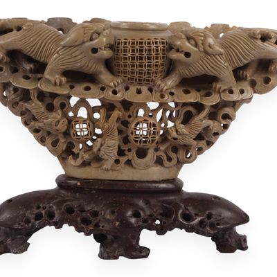 Large Chinese Carved Soapstone Foo Dog Incense Vessel and Wood Stand