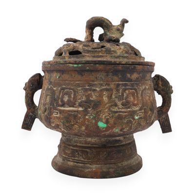 Japanese Archaistic Bronze Censer and Cover with Bird Finial