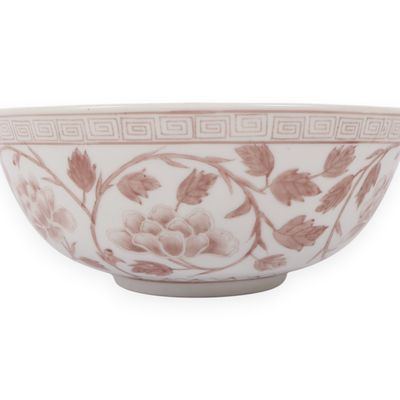 Chinese Underglaze Copper Red Porcelain Peony Scroll Bowl With Qianlong Mark