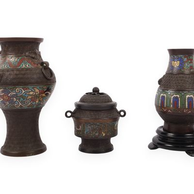 Three Japanese Bronze and Champleve Enamel Export Vessels
