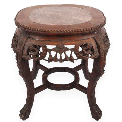 Antique Chinese Carved Hardwood and Marble Top Jardiniere Stand
