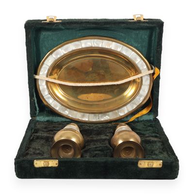 Three Piece Brass and Mother of Pearl Salt and Pepper Shaker Set