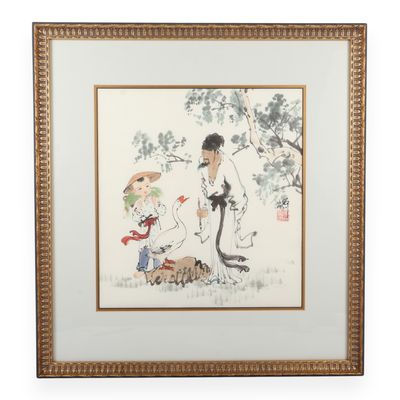Fan Zeng Chinese b. 1938 Scholar and Goose Ink and Color Painting