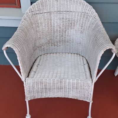 Sale Photo Thumbnail #188: Vintage White Wicker Patio Bistro Set with Blue Ombre Cushions