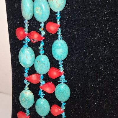 Sale Photo Thumbnail #213: Multi-Strand Turquoise and Red Coral Necklace with Sterling Silver Cones