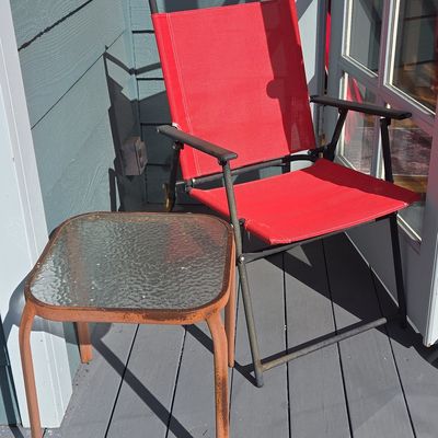 Patio Set: Red Sling Folding Chair and Glass-Top Side Table