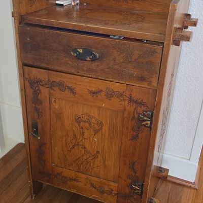 Sale Photo Thumbnail #162: Pyrography Decorated Washstand 14"x20"x35"