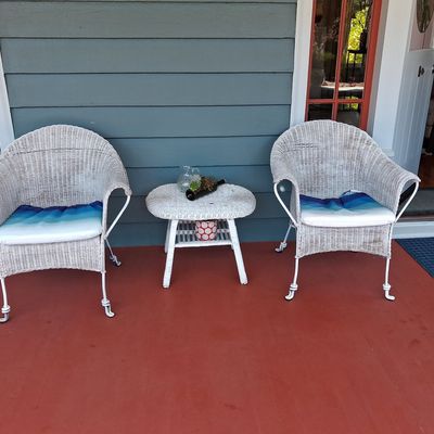 Sale Photo Thumbnail #184: Vintage White Wicker Patio Bistro Set with Blue Ombre Cushions
