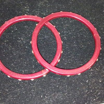 Sale Photo Thumbnail #165: Vintage Red Bakelite Bangle Bracelets with Inlaid Dots