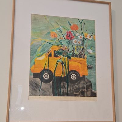 Original Colored Pencil Drawing of Yellow Truck with Flowers