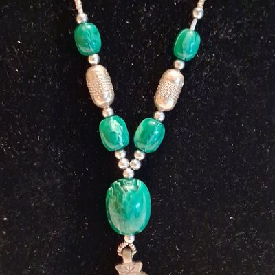 Ethiopian Coptic Cross Pendant Necklace with Green Stone Beads
