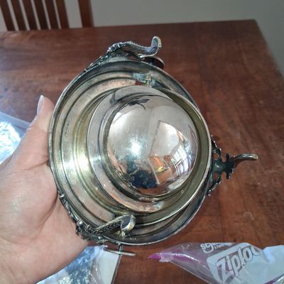Sale Photo Thumbnail #264: Victorian Silver Plated Revolving Butter Dish with Engraved Dome and Acanthus Leaf Feet