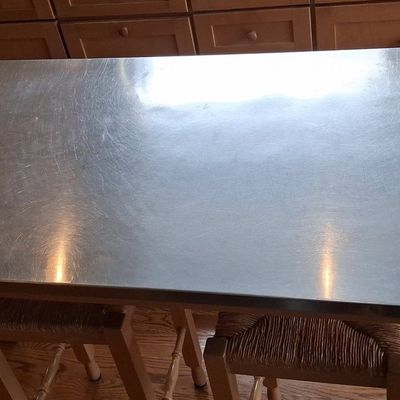 Sale Photo Thumbnail #73: Pottery Barn Stainless Steel Top Kitchen Island with Two Stools