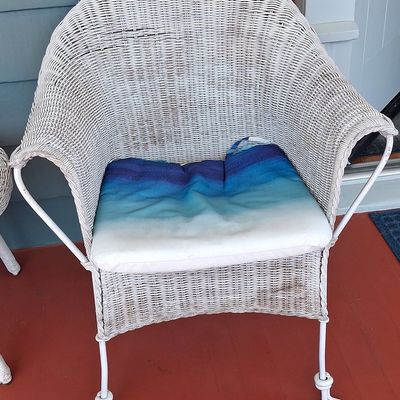 Sale Photo Thumbnail #185: Vintage White Wicker Patio Bistro Set with Blue Ombre Cushions