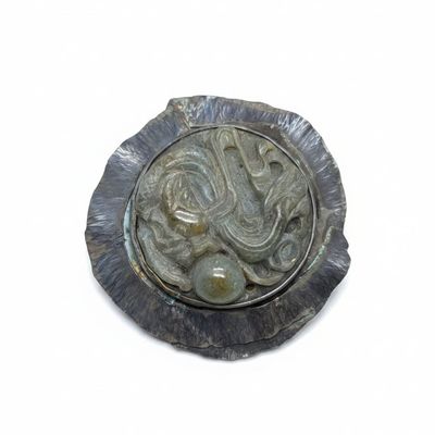 Chinese Carved Jade and Metal Brooch