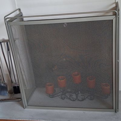 Sale Photo Thumbnail #132: Mid-Century Modern Chrome or Nickel Fireplace Screen and Tool Set