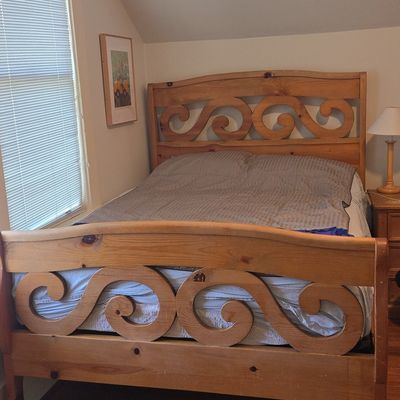 Sale Photo Thumbnail #87: Vintage Knotty Pine Sleigh Bed Frame with Scroll Detail